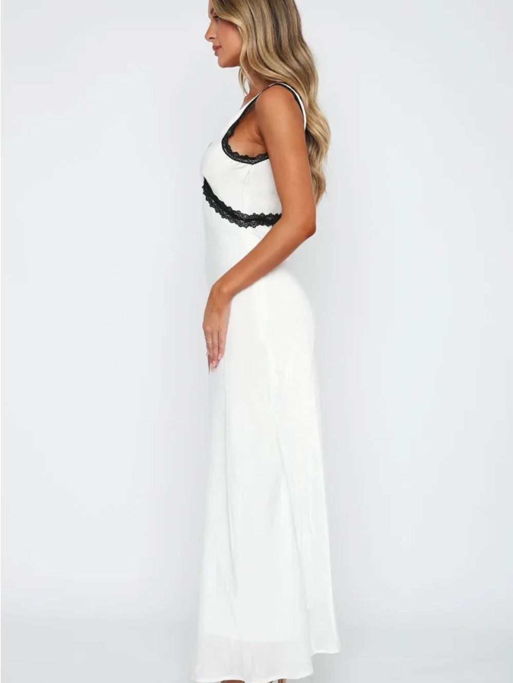 White Fox Boutique White Maxi Dress with Black Lace Accents - Picture 2 of 4